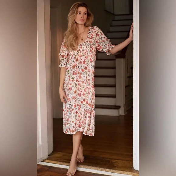 NEW Anthropologie By Mark D. Sikes Smocked Puff-Sleeve Dress Floral - Picture 5 of 16